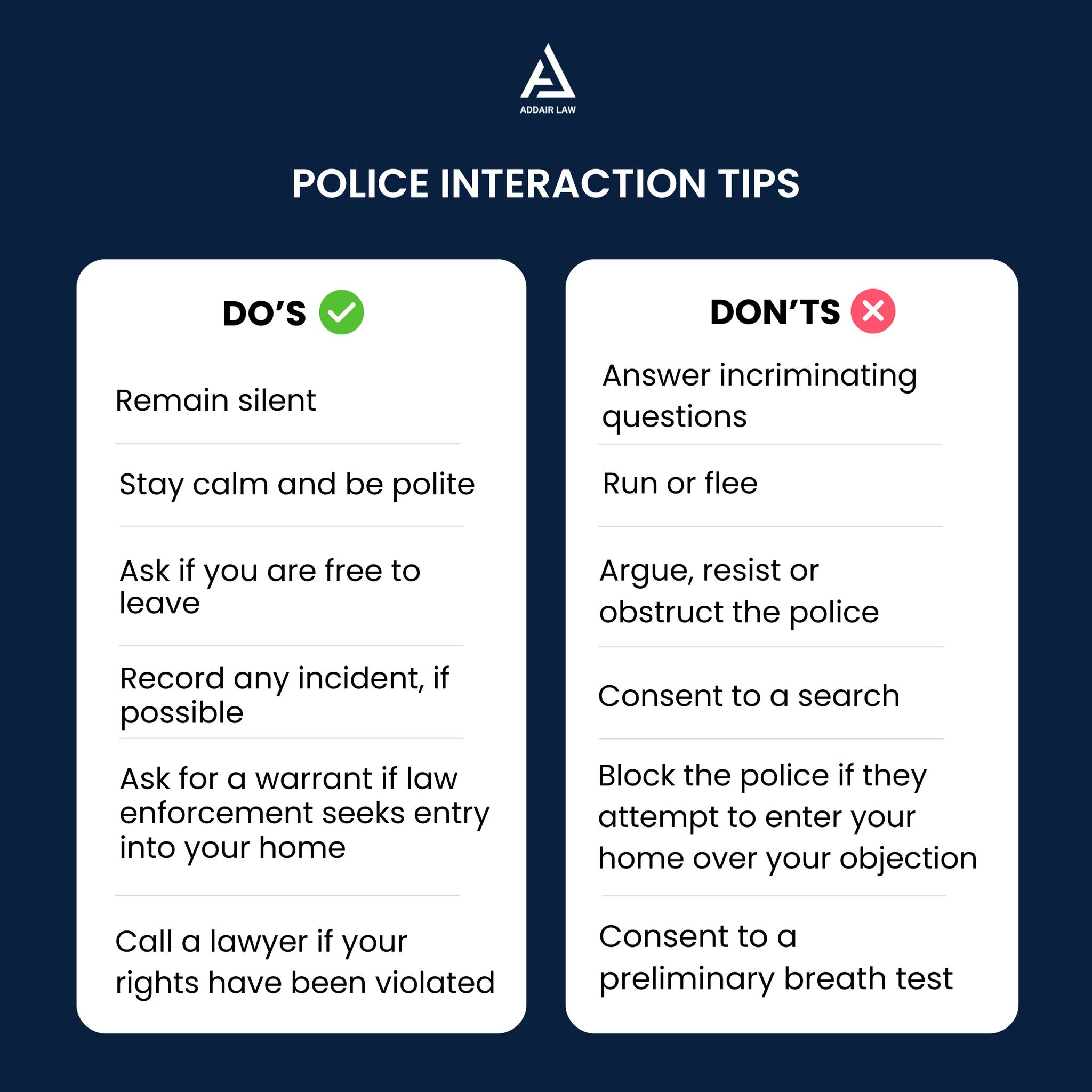 Police interaction tips graphic from Addair Law showing what to do and what not to do if you are stopped by officers during Fake Patty’s Day in Manhattan, Kansas.